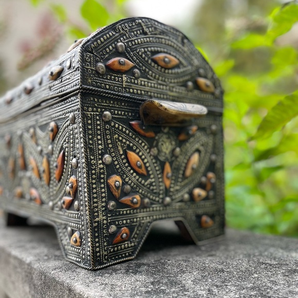 Antique Ornate Handcrafted Moroccan Evil Eye Wood Chest Decorative Box - Picture 8 of 15